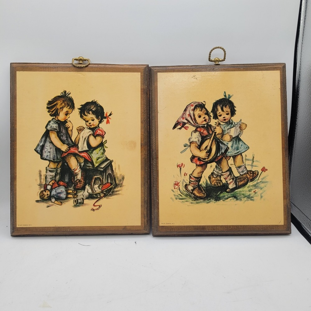 Set Of 2 1971 Hummel Plaques Stapco N.Y. Two Girls Sewing & Singing 11"x 9" MCM